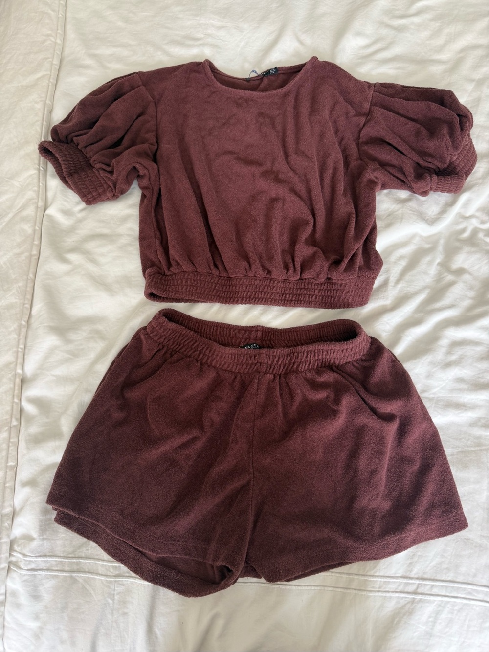 Nasty Gal Burgundy Terry Cloth Short Set - Soft Pullover & Elastic Waist Short